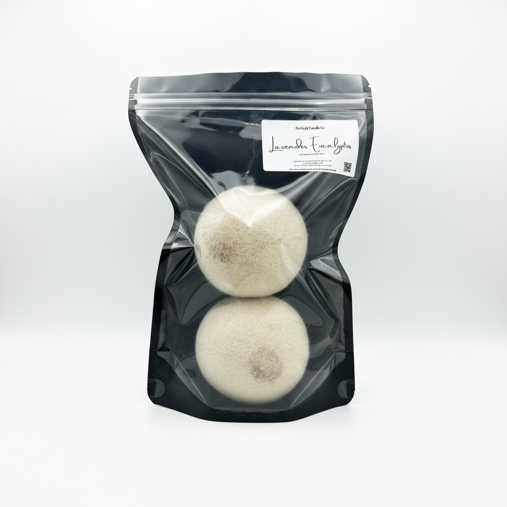 Two white balls in a clear plastic packaging with a label on a white background