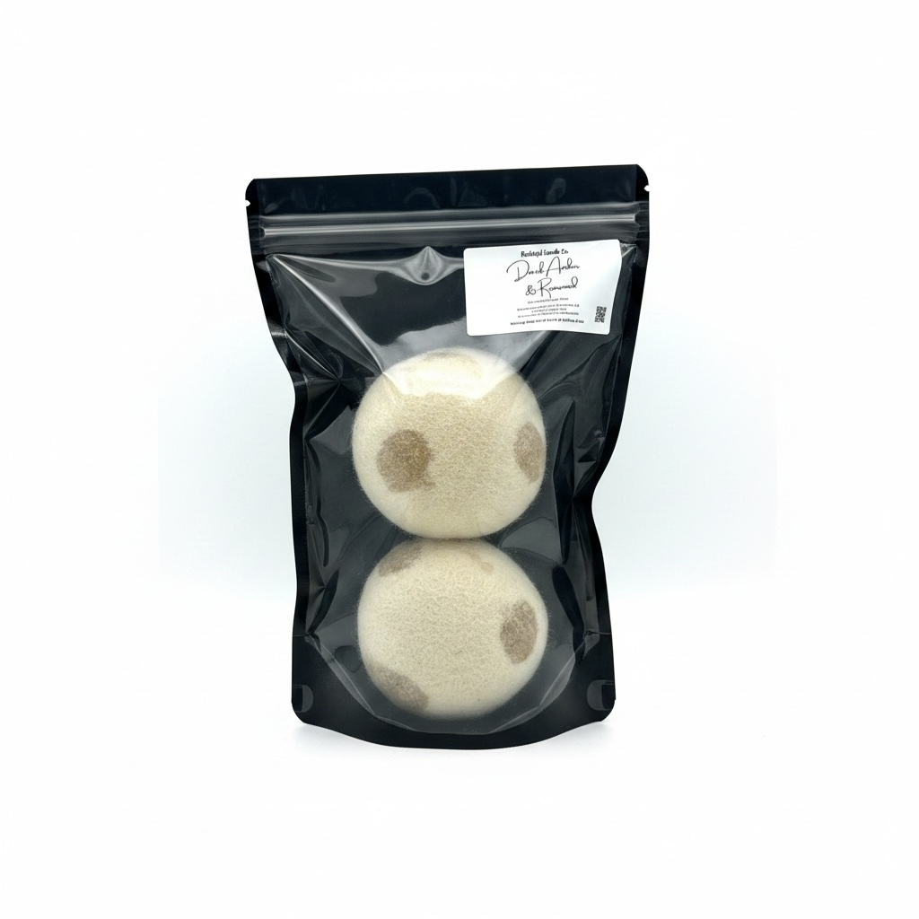 Two white bath bombs with brown spots in a clear plastic bag on a white background