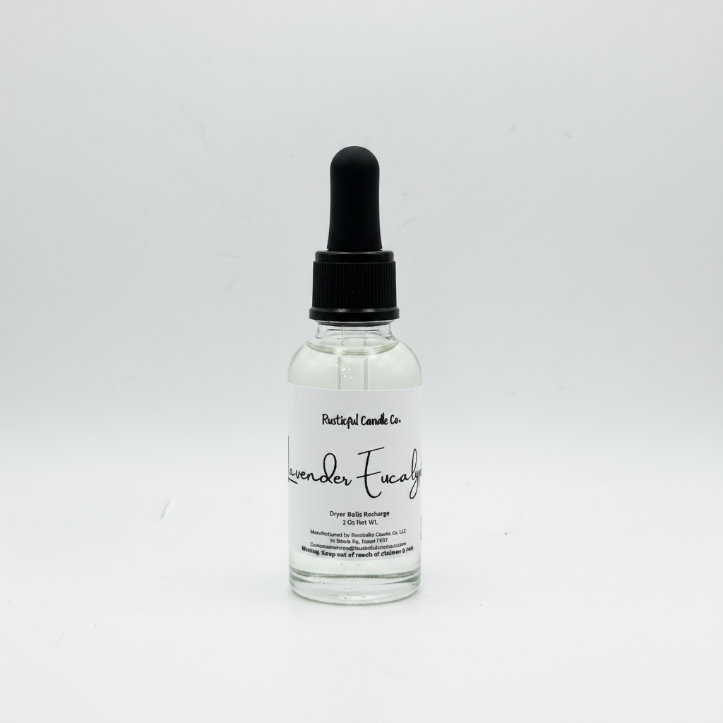 Bottle of lavender eucalyptus essential oil with dropper on a white background
