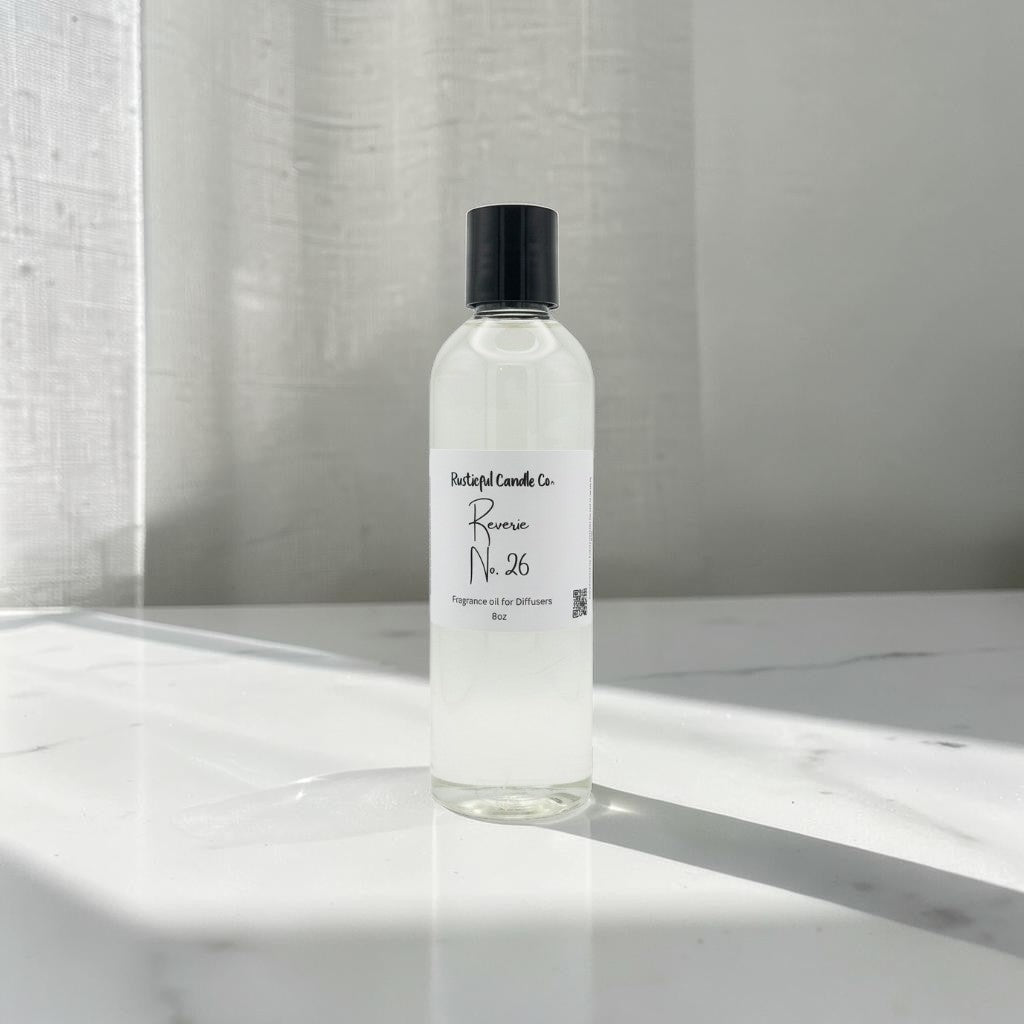 A clear cylindrical bottle of fragrance oil with a black cap and a white label reading 'Pleasant Candle Co. Romeo No.