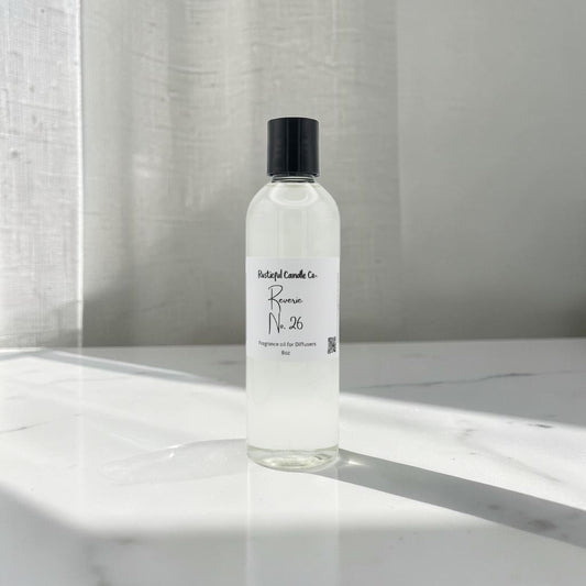A clear cylindrical bottle of fragrance oil with a black cap and a white label reading 'Pleasant Candle Co. Romeo No.