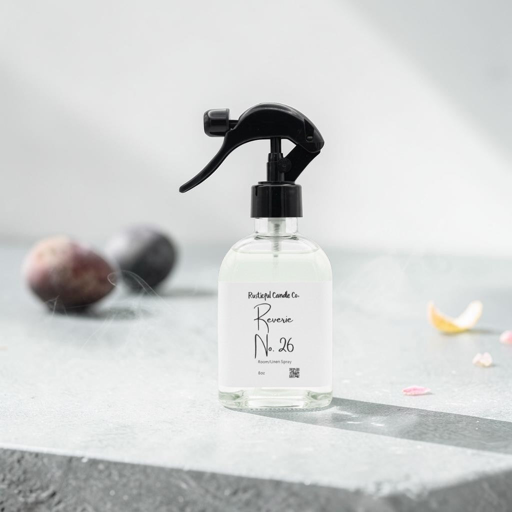 A clear glass spray bottle with a black trigger sprayer and a white label reading 'Botanicals Lane Reverse No. 26', set on a gray stone surface with soft-focus decorative stones in the background.