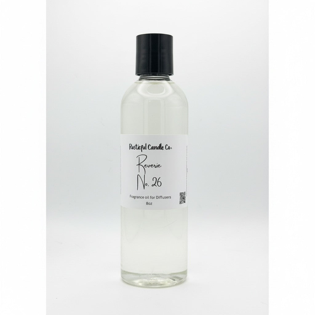 A clear plastic bottle of fragrance oil with a black cap and a white label reading 'Rustical Candle Co. Reverse No.