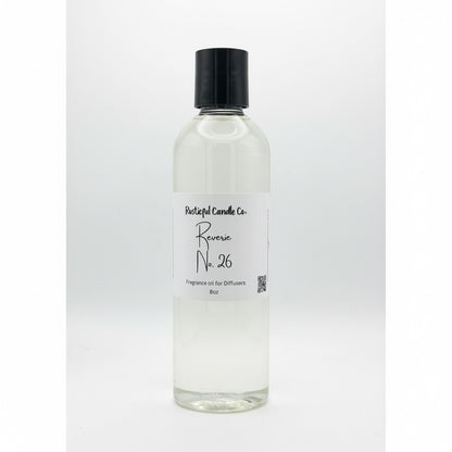 A clear plastic bottle of fragrance oil with a black cap and a white label reading 'Rustical Candle Co. Reverse No.