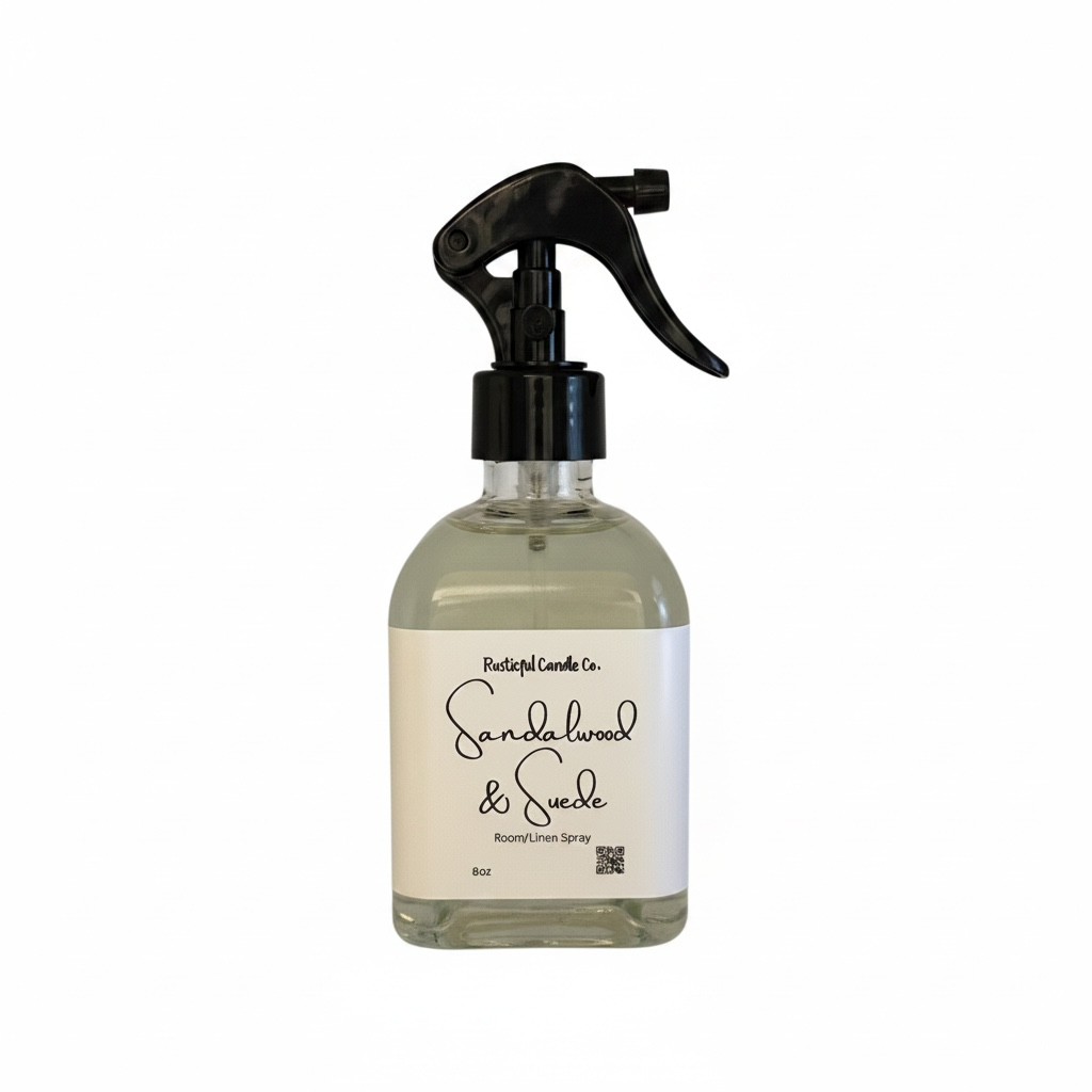 Bottle of Sandalwood & Suede room spray on a white background