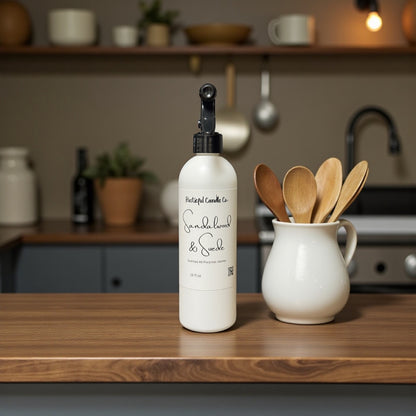 White bottle with black nozzle on a wooden kitchen counter, next to a white pitcher with wooden spoons.