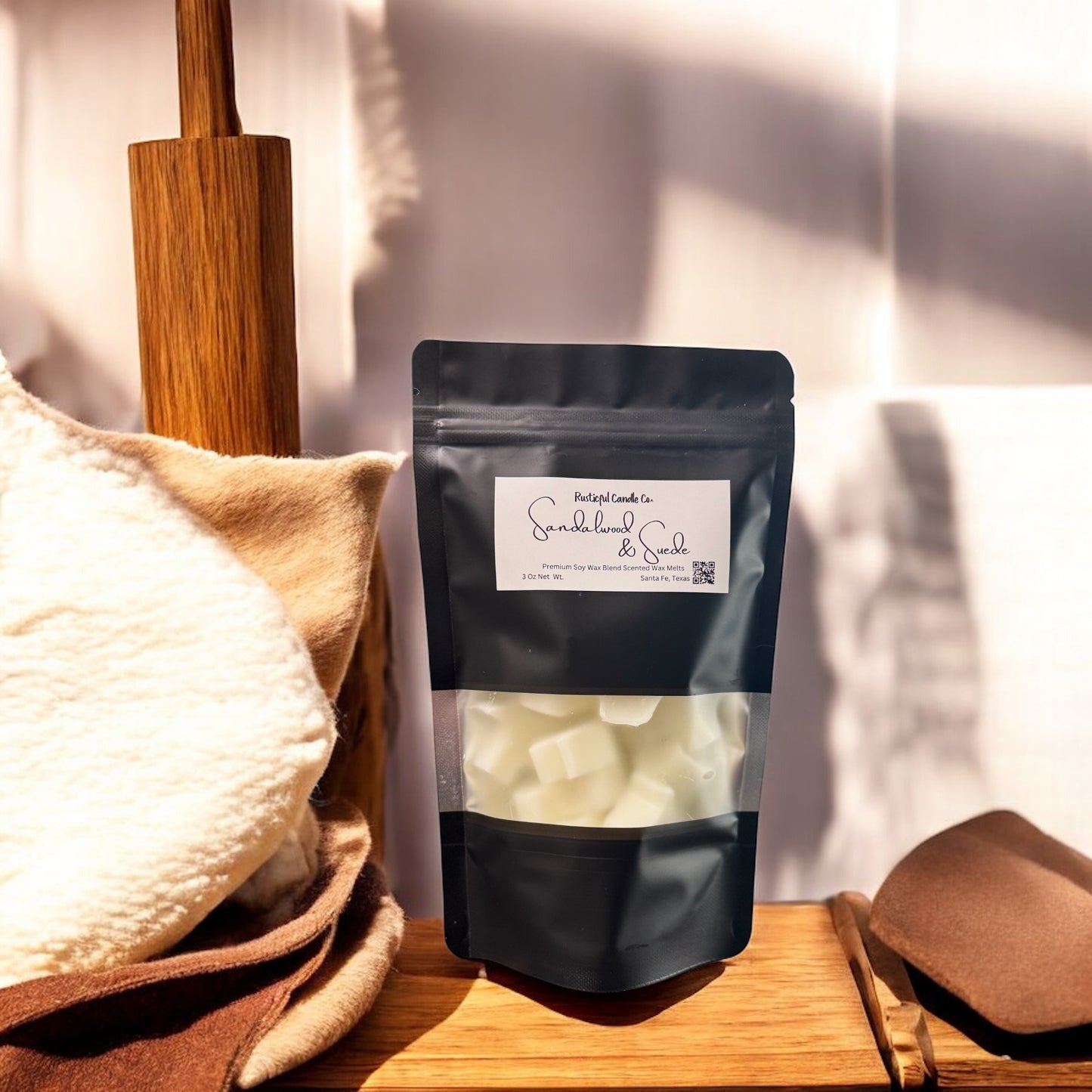 Black packaging of a product with a label on a wooden surface