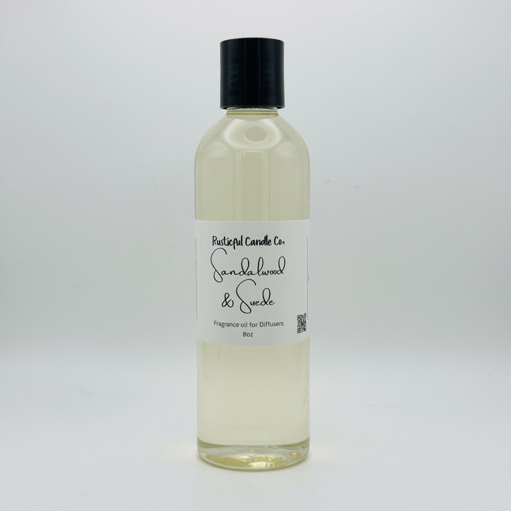 A clear plastic bottle of fragrance oil with a black cap and a white label reading 'Pleasant Candle Co. Sandalwood & Spice Fragrance Oil for Diffusers 8oz'.