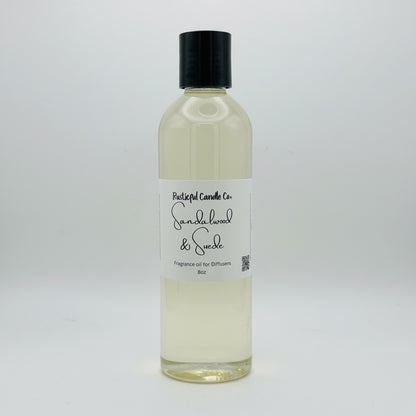 A clear plastic bottle of fragrance oil with a black cap and a white label reading 'Pleasant Candle Co. Sandalwood & Spice Fragrance Oil for Diffusers 8oz'.