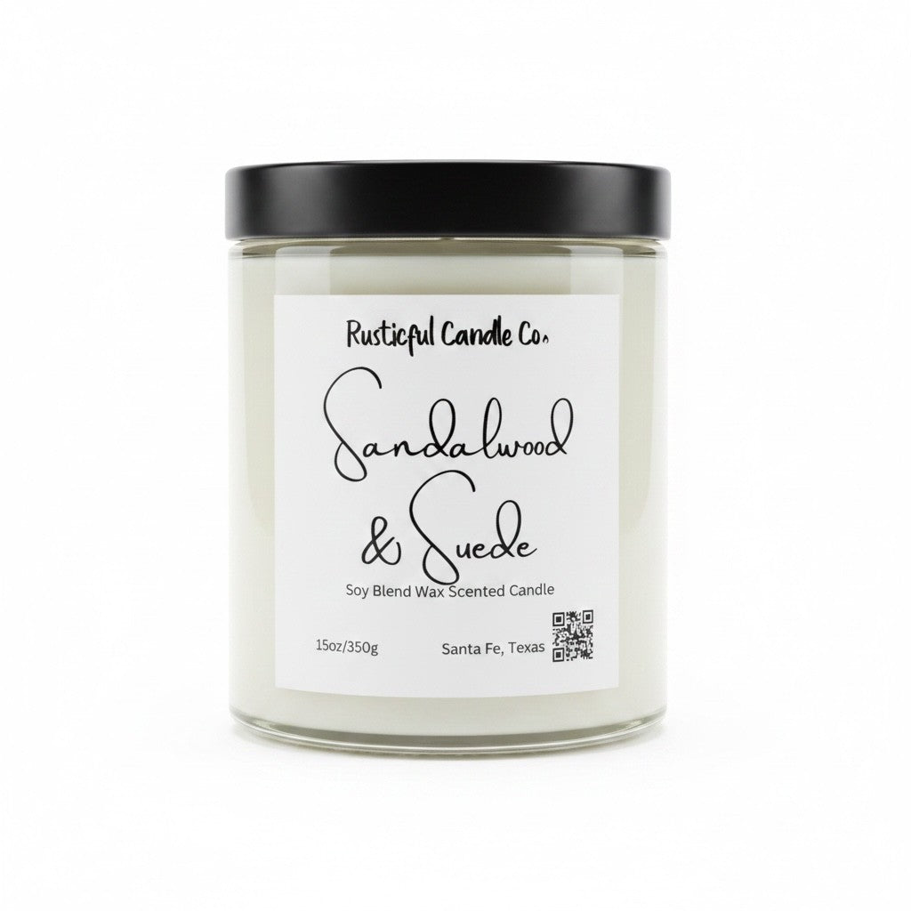 Candle with 'Rusticful Candle Co.' label on a white background