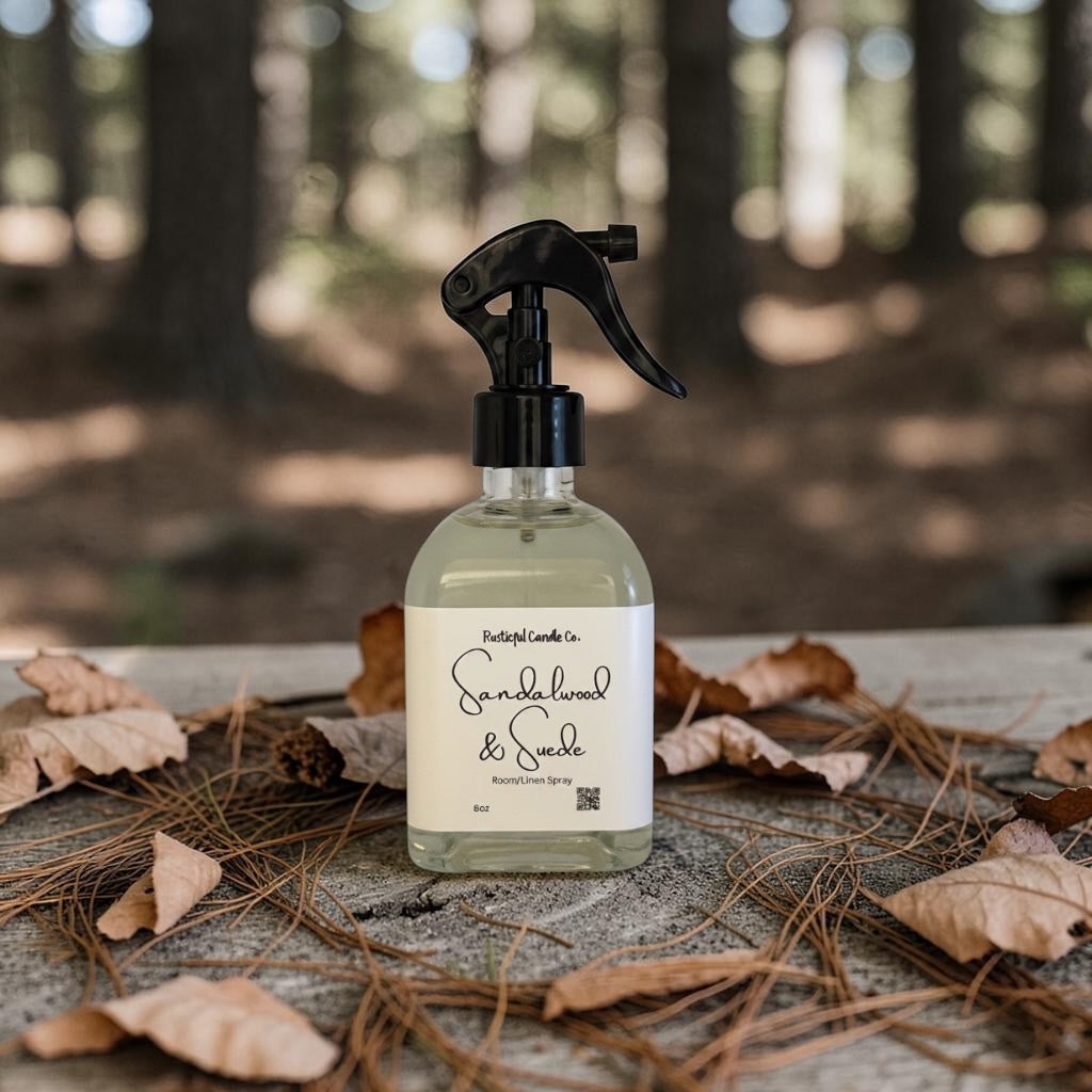 Bottle of candle wax and suede cleaner with a label on a wooden surface with leaves and twigs, blurred forest background