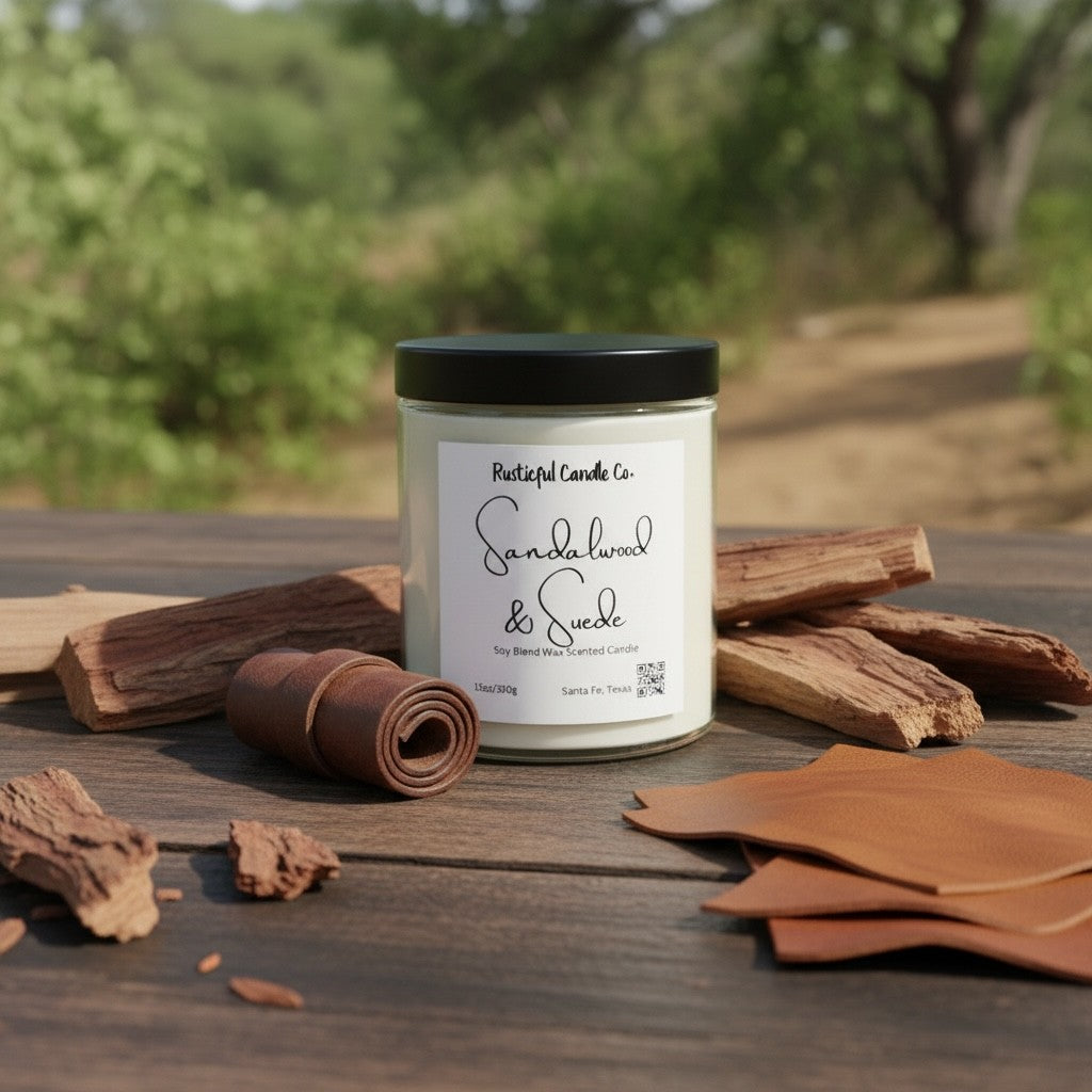 Candle with cinnamon sticks on a wooden surface outdoors