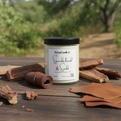 Candle with cinnamon sticks on a wooden surface outdoors