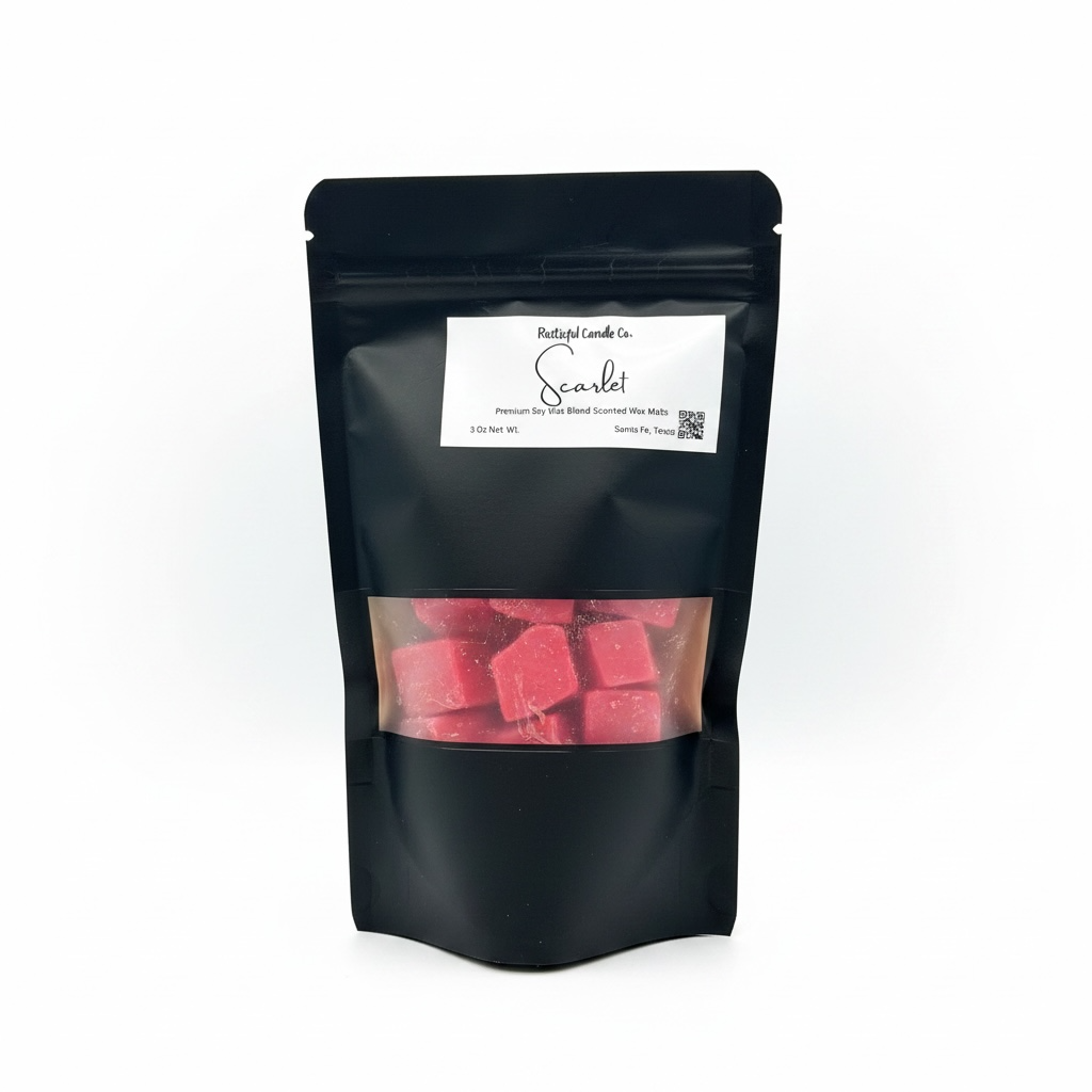 Black packaging of Scarlet candles with a clear window showing red wax cubes on a white background