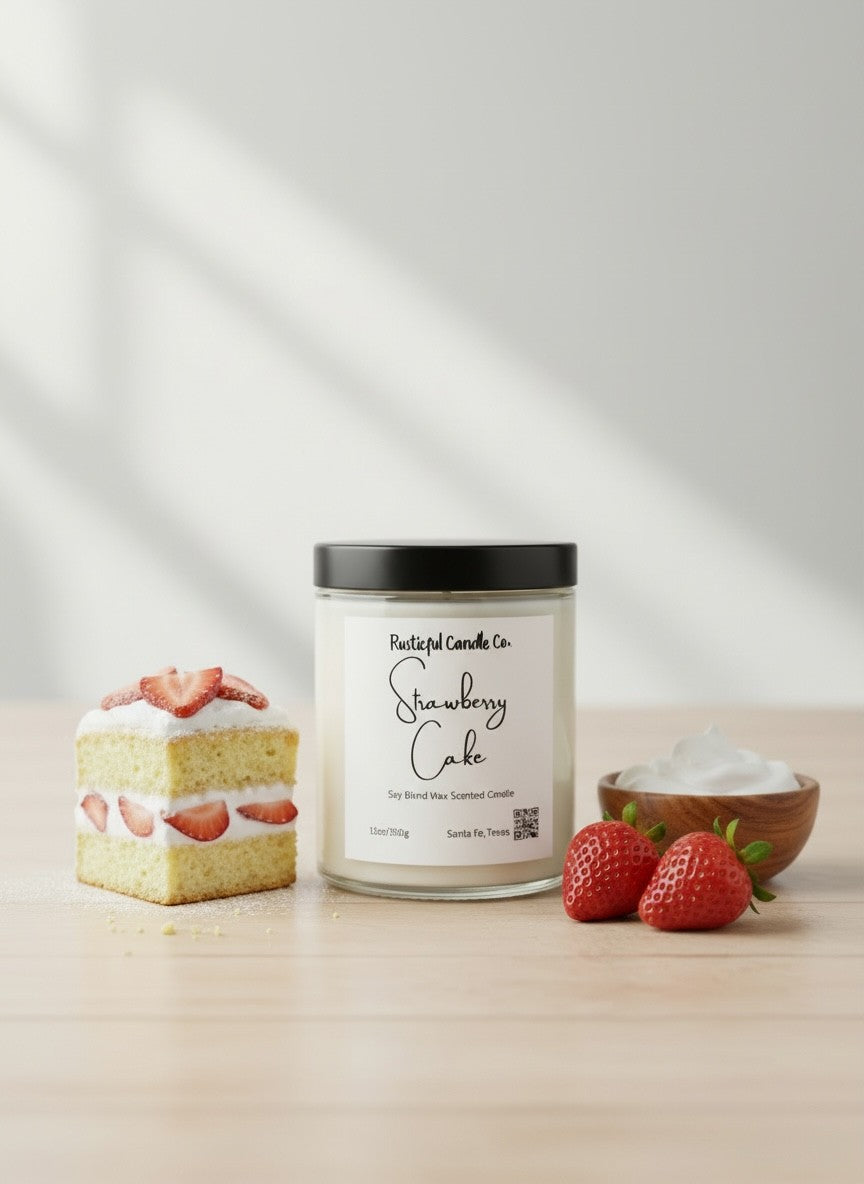 Candle labeled 'Strawberry Cake' with a small cake and strawberries on a light background