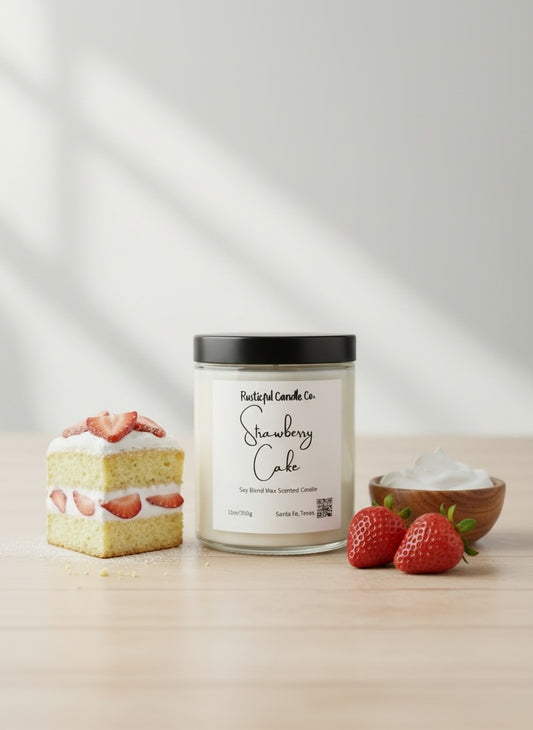 Candle labeled 'Strawberry Cake' with a small cake and strawberries on a light background