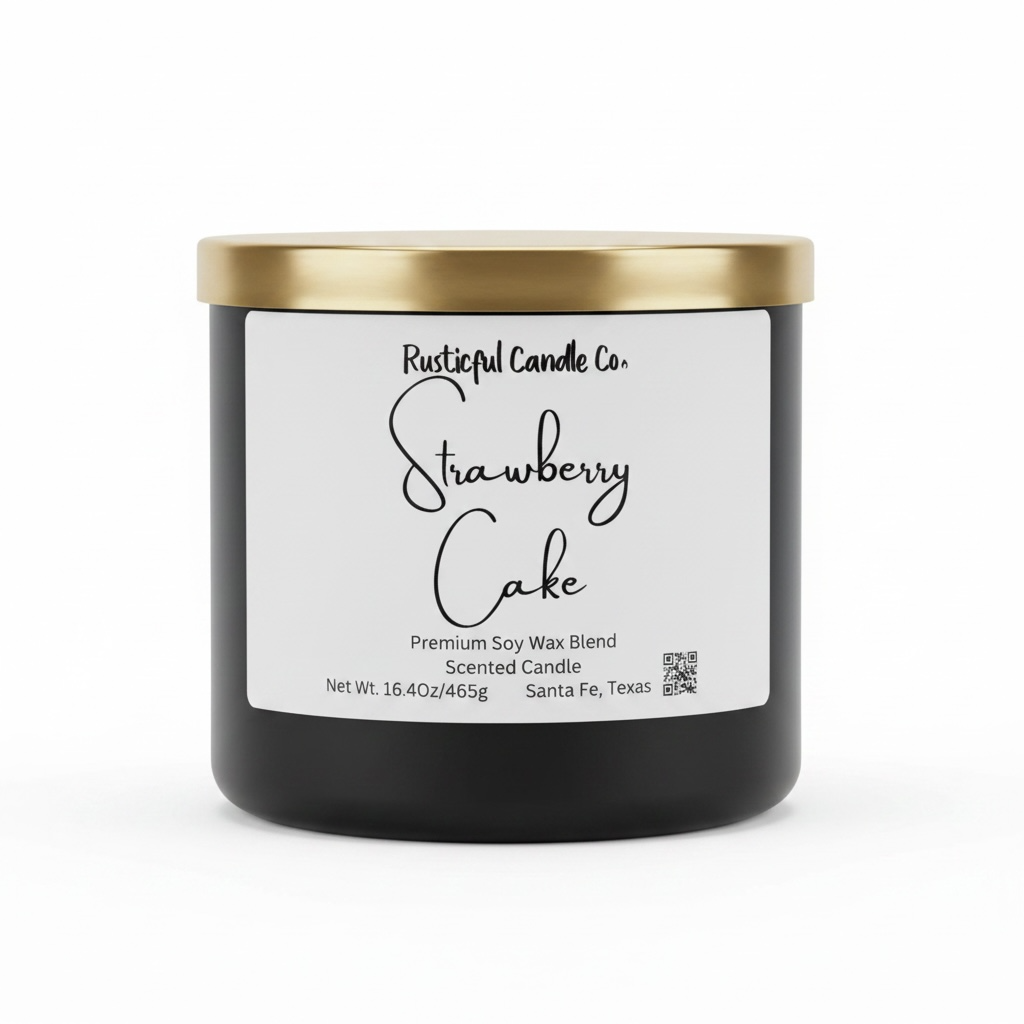 Black candle with a gold lid and 'Rusticful Candle Co.' label on a white background