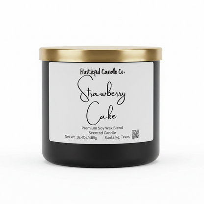 Black candle with a gold lid and 'Rusticful Candle Co.' label on a white background