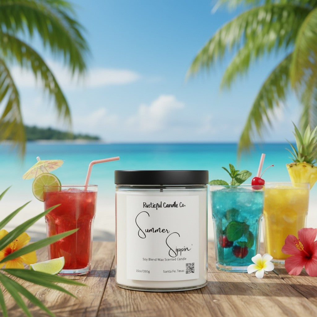 Candle labeled 'Summer Sippin'' with tropical drinks and beach setting