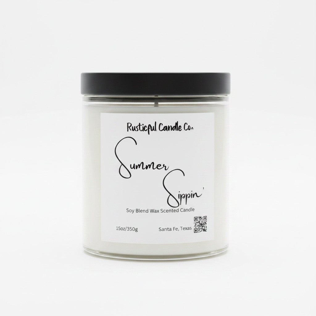 Candle with 'Rusticful Candle Co.' label on a white background