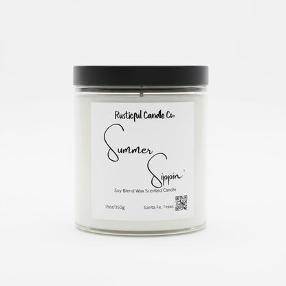 Candle with 'Rusticful Candle Co.' label on a white background