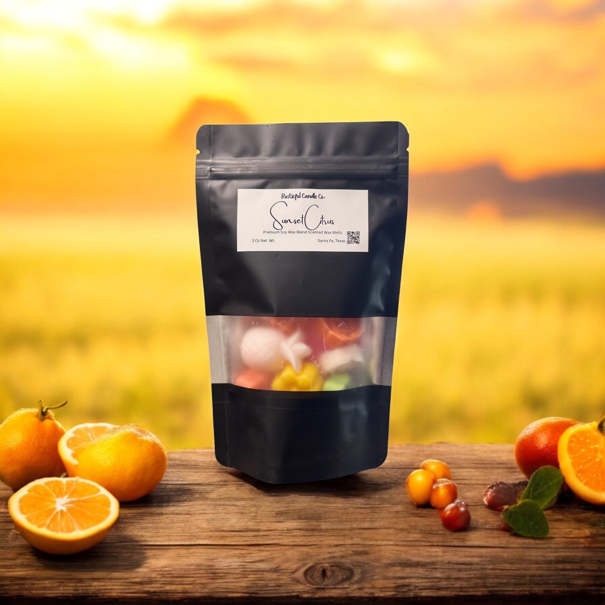 Black snack bag with transparent window displaying colorful contents, placed on a wooden surface with oranges and other fruits against a yellow blurred background.