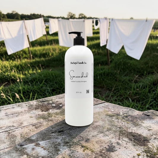 A large white bottle of Fabrigli Candle Co. 'Smoked' herbal laundry detergent with a black pump, placed on a weathered wooden table with a blurred background of a grassy field and white laundry hanging on a clothesline.