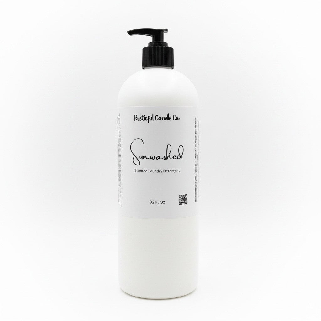 A 32 fl oz white plastic bottle of Rockin' Lullaby Candle Co. 'Sunwashed' Scented Laundry Detergent with a black pump dispenser and a white label, set against a plain white background.