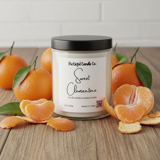 Candle labeled 'Sweet Clementine' from Rustic Candle Co. surrounded by sliced oranges on a wooden surface.