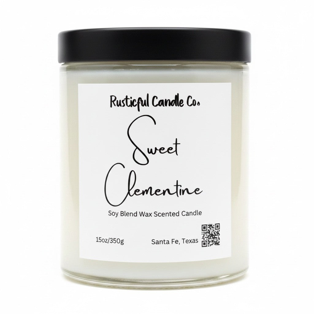 Candle with 'Rusticful Candle Co.' label on a white background