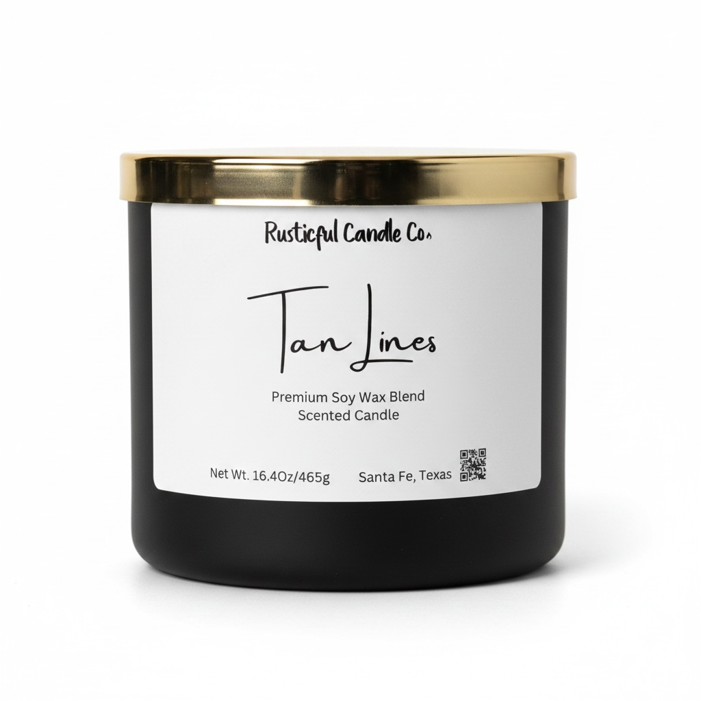Black candle with gold lid and 'Rusticful Candle Co.' label on a white background