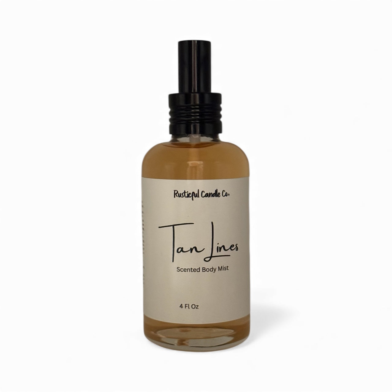 Bottle of 'Tan Lines' scented body mist from Rustic Candle Co. on a white background
