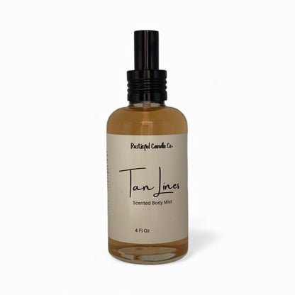 Bottle of 'Tan Lines' scented body mist from Rustic Candle Co. on a white background