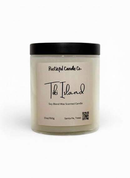 Scented candle with 'Rusticful Candle Co.' branding on a white background