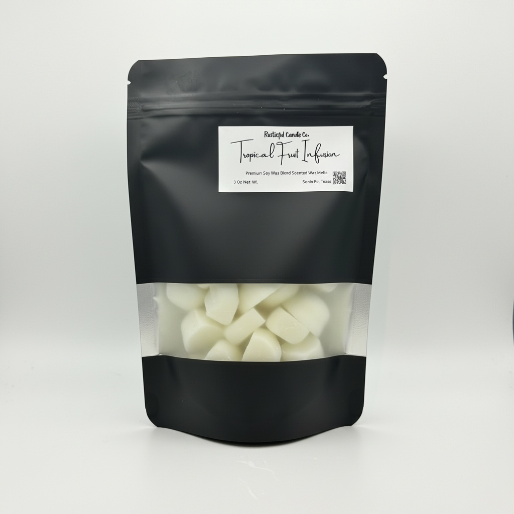 Black packaging of tropical fruit-infused product with visible contents on a white background