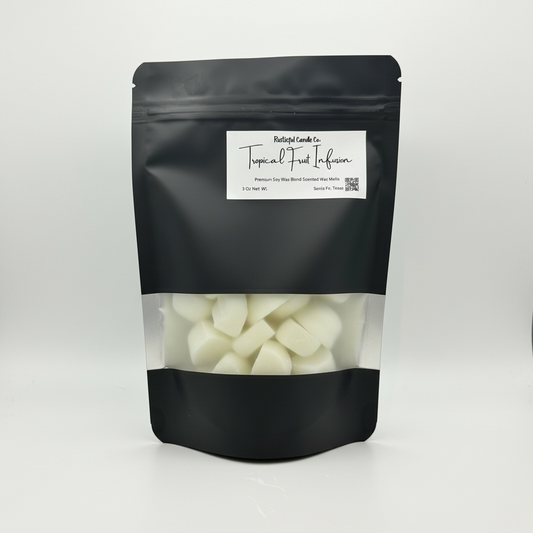 Black packaging of tropical fruit-infused product with visible contents on a white background