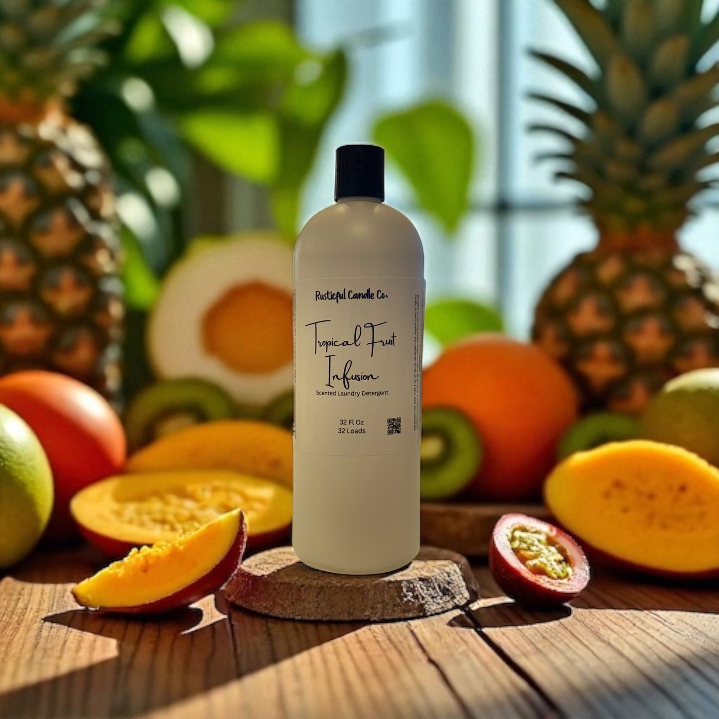 Bottle of 'Tropical Fruit Infusion' shampoo on a wooden surface with fruits in the background
