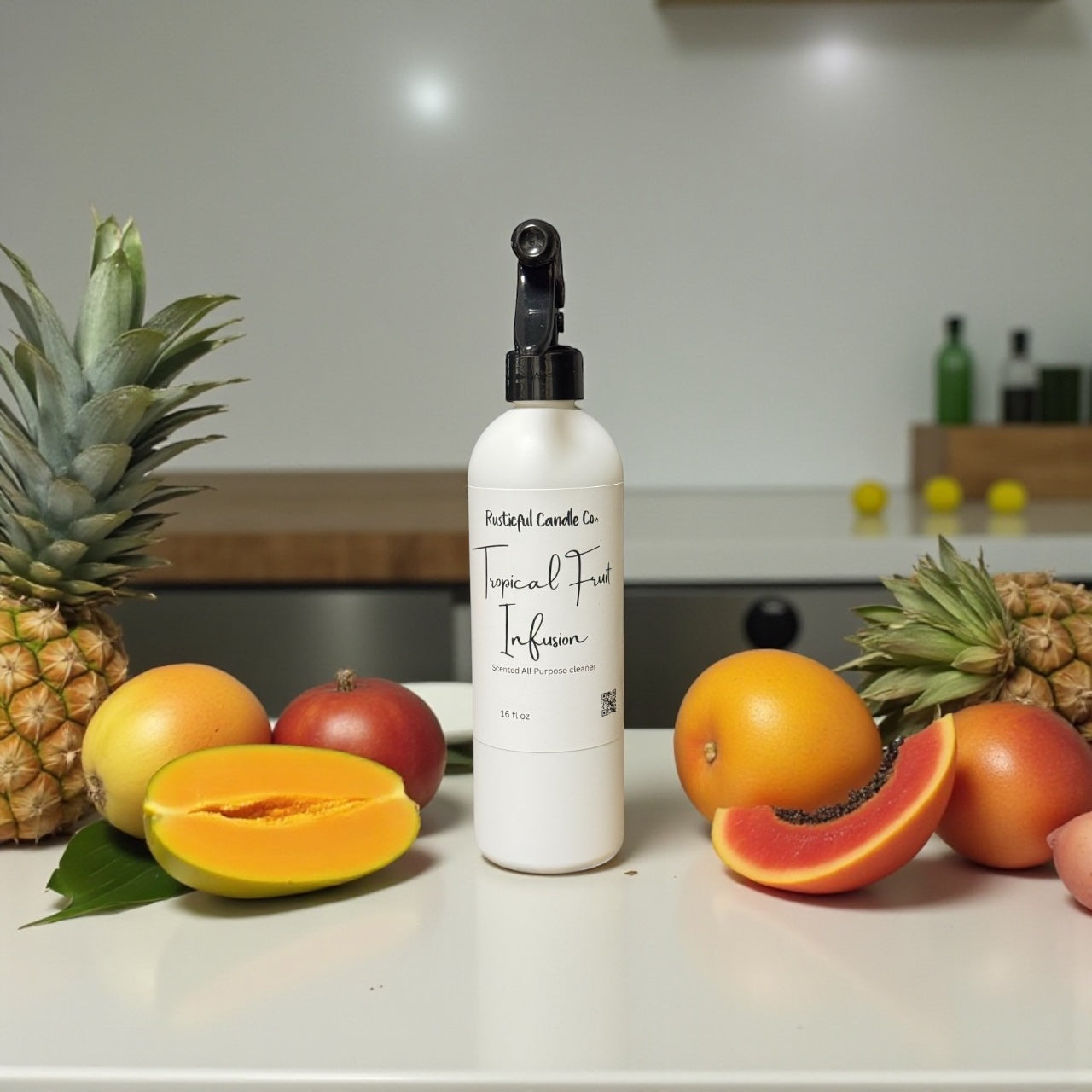 White bottle labeled 'Tropical Fruit Infusion' surrounded by pineapples, mangoes, and papayas on a kitchen counter.