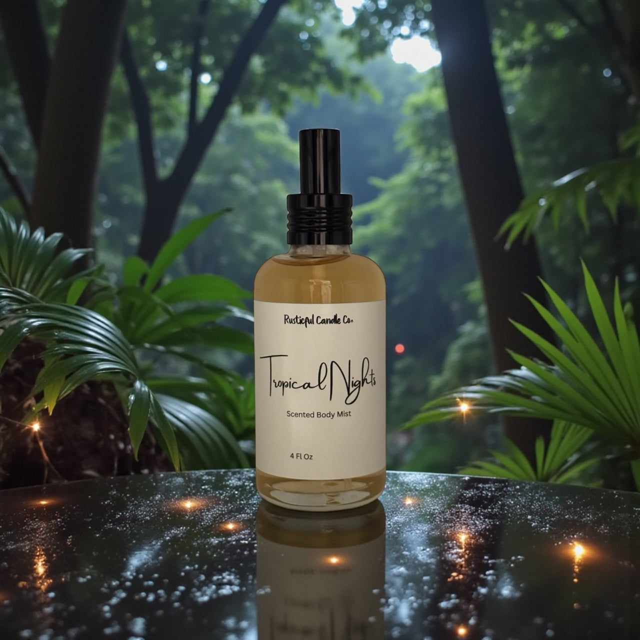 Bottle of 'Tropical Nights' scented body mist on a reflective surface with a forest background