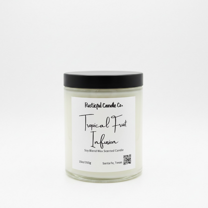 Candle jar labeled 'Tropical Fruit Infusion' by Rusticful Candle Co. on a white background
