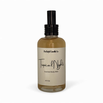 Bottle of 'Tropical Nights' scented body mist with a beige label on a white background