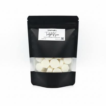 Black packaging of white wax melts with a label on a white background
