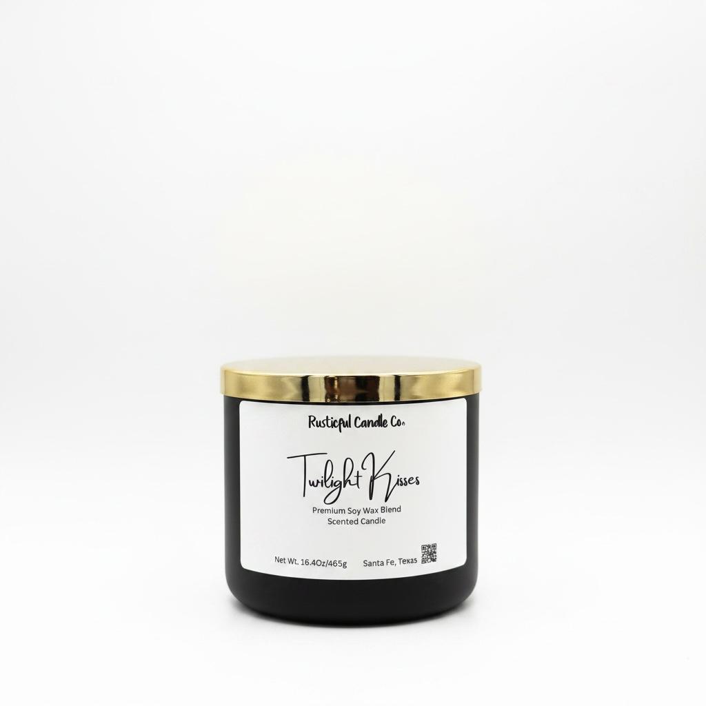 Black candle with gold lid and white label on a white background