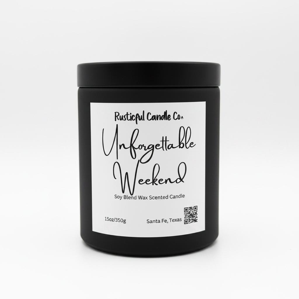 Black candle jar with 'Unforgettable Weekend' label on a white background