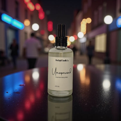 Bottle of 'Unsupervised' scented body mist on a reflective surface with a blurred city street background