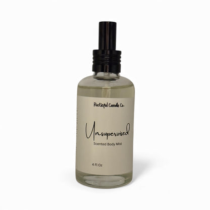 Bottle of 'Unsupervised' scented body mist by Peaceful Cannon Co. on a white background