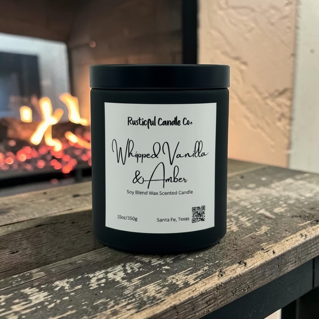 A black candle jar with a white label reading 'Rusticful Candle Co. Whipped Vanilla & Amber' sits on a rustic wooden surface in front of a blurred fireplace.