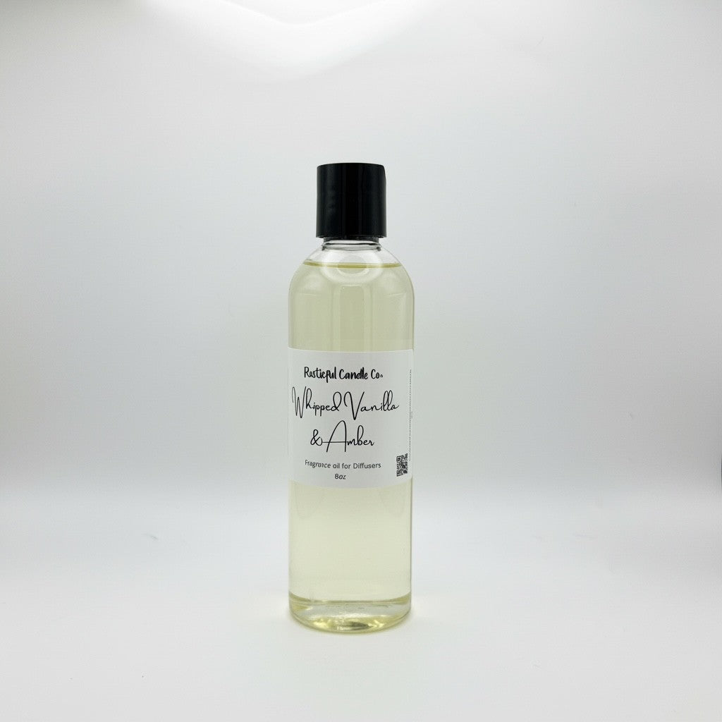 A clear plastic bottle of scented wax melt with a black cap and a white label reading 'Desertful Candles Co. Warm Vanilla & Amber'.