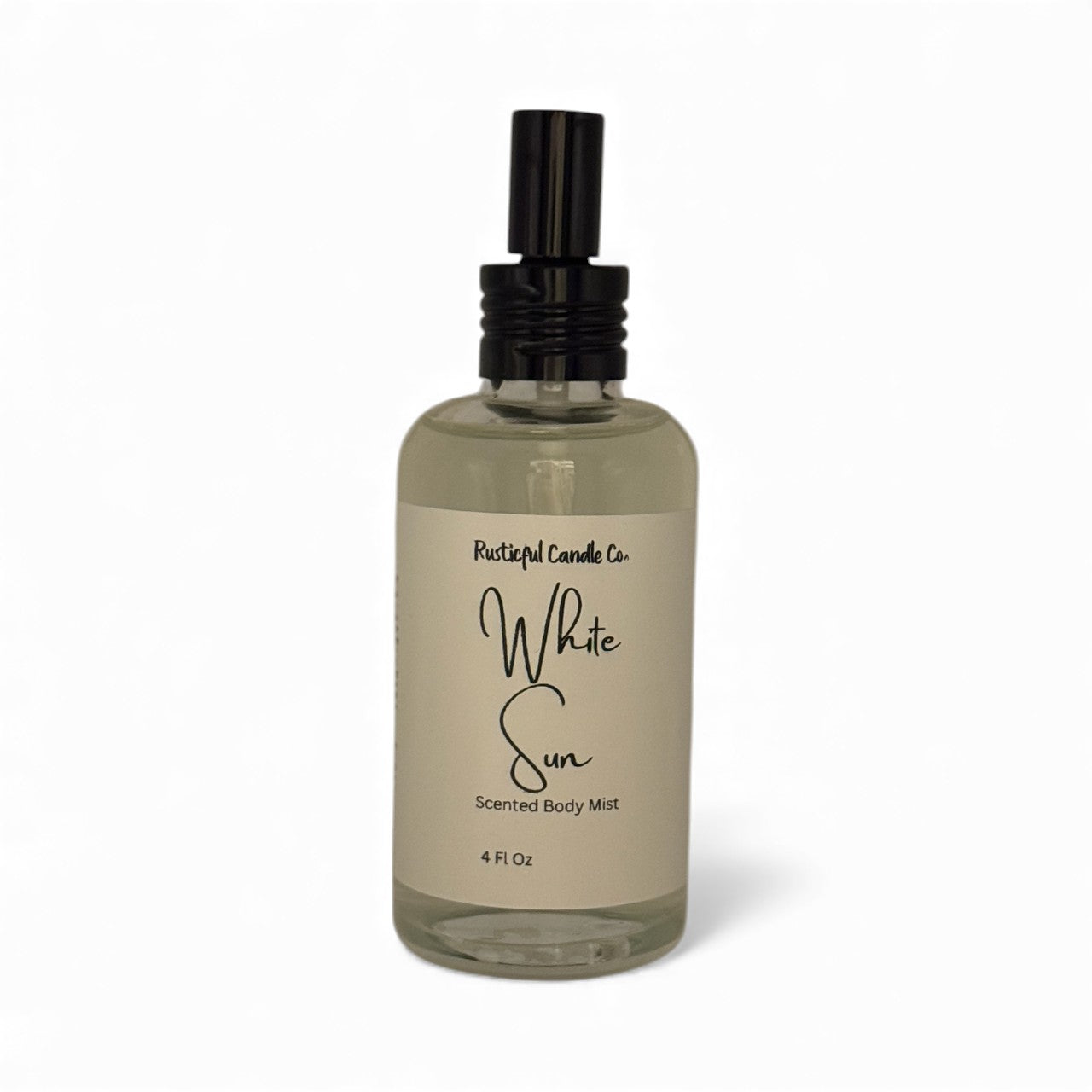 Bottle of 'White Sun' scented body mist by Rustic Candle Co on a white background