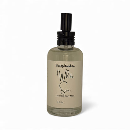 Bottle of 'White Sun' scented body mist by Rustic Candle Co on a white background